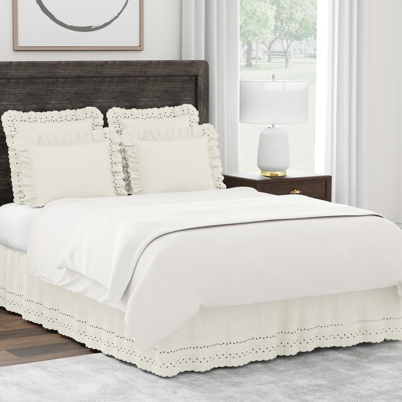 FRESH IDEAS Ruffled Bed Pillow Shams with Embroidered Eyelet Detail, Standard, Ivory, 2-Pack - Image 4